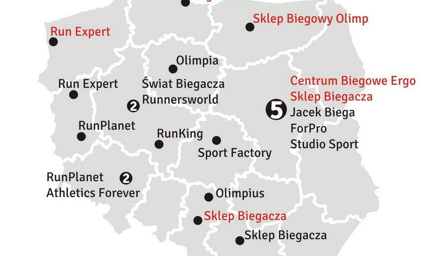 Mapa sklepów biegowych w Polsce w 2012 roku