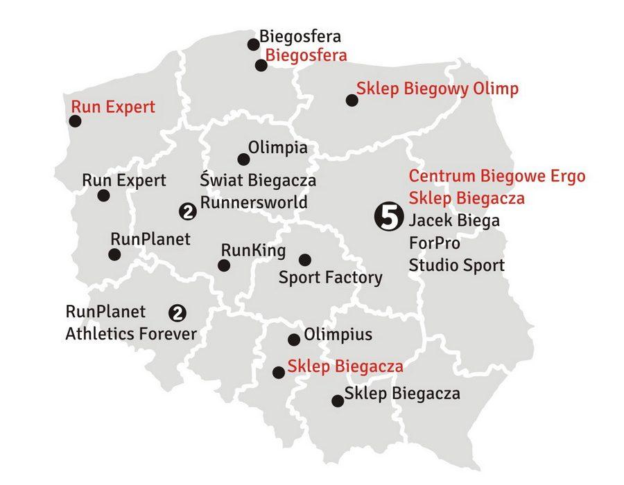 Mapa sklepów biegowych w Polsce w 2012 roku