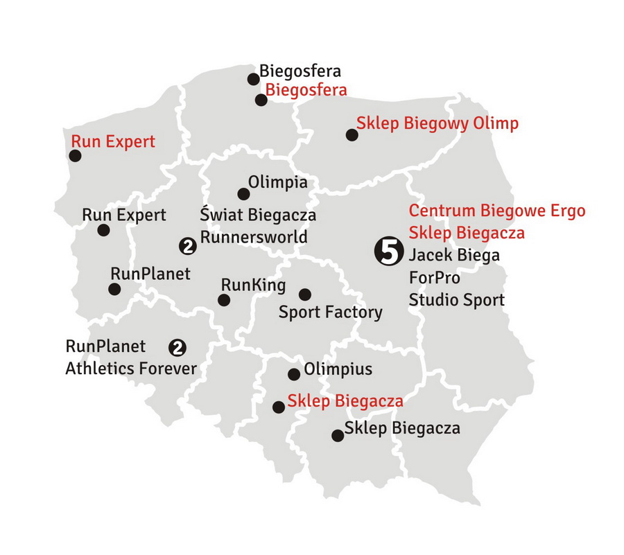 Mapa sklepów biegowych w Polsce w 2012 roku